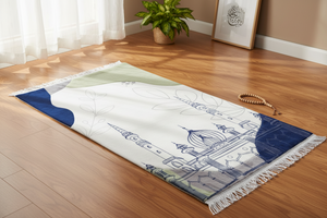 Decorative rug with architectural design on a wooden floor